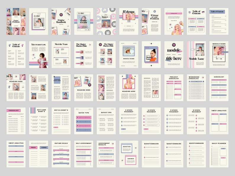 Peut inclure: Ensemble de cahiers et de manuels ouverts avec des accents roses, bleus et beiges. Les pages pr&eacute;sentent des photos d'une femme aux cheveux roses, ainsi que du texte et des &eacute;l&eacute;ments graphiques. La mise en page comprend des listes de contr&ocirc;le, des feuilles de route et des questionnaires.