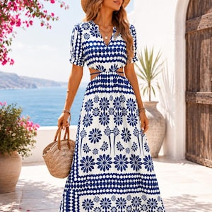 Blue and White Boho Maxi Dress - Etsy