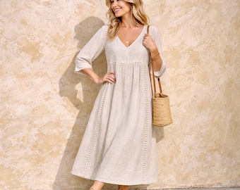 Vestido largo de lino con escote en V - Estilo bohemio casual, corte holgado y fluido, ideal para el verano.