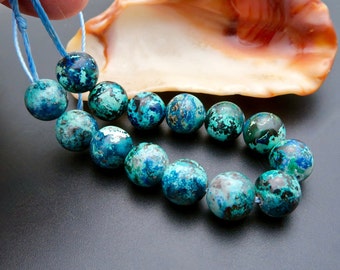 Beautiful Untreated AAAAA Blue Peruvian Chrysocolla w/ Malachite Round 10-10.3mm Beads 13pc Set - 101.30cts 5.25"