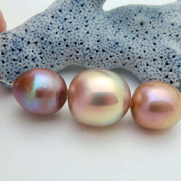 3 Wild Rainbow Iridescent Freshwater 10.3-12.5mm  Drilled Cultured AA+ Pearls - 33.30 cts - 1.60 inches