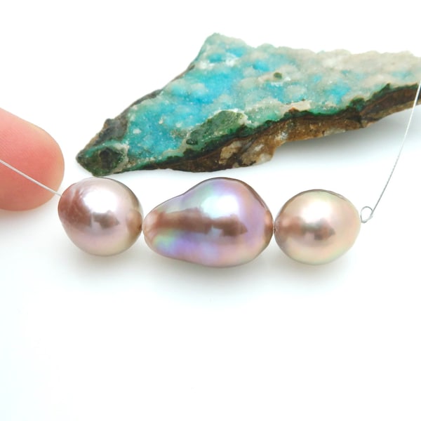 3 Bright Purple Pink Rainbow Iridescent Freshwater 10.5-12.5mm Drilled Cultured AA+ Pearls - 7.80 grams - 1.75 inches