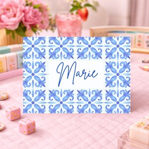 Blue Watercolor Tile Mahjong Card Insert – Editable Coastal Design (Digital Download)