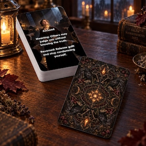 May include: A deck of tarot cards featuring a card titled Accused, which displays a person standing before a crowd with text explaining its meaning and reversed interpretation. Beside it lies a card with a dark, ornate design of ravens and a central sun.