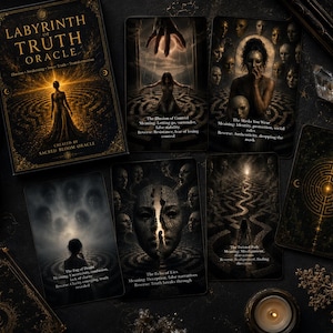 May include: A dark, moody image of the Labyrinth of Truth Oracle deck. The deck includes a box and several cards with illustrations of mazes, figures, and text. The color palette is primarily black, gold, and sepia tones, with a lit candle in the corner.