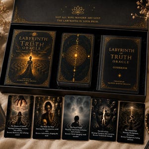 May include: A Labyrinth of Truth Oracle deck set in a black box with gold lettering. The box lid reads, Not all who wander are lost, the labyrinth is your path. Includes a guidebook and cards featuring dark, mystical illustrations and text.