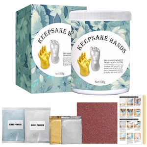 May include: A Keepsake Hands kit with a floral patterned box and a container. The kit includes powder packets, sandpaper, and instructions. The box and container feature gold and silver hand and foot molds. The net weight is 108g.