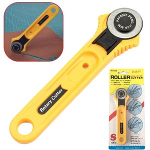 May include: Yellow rotary cutter with a black blade housing and a round blade. The cutter has the text "Rotary Cutter" on the handle and comes with a package that says "ROLLER CUTTER" and "CUT MULTI-LAYERS".
