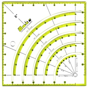 May include: A square, clear acrylic quilting ruler with lime green markings, featuring an 8-inch grid, circular arc guides for 4, 6, 8, 10, and 12-inch circles, angle degree lines, and printed instructions for folding material into quarters.