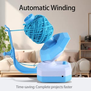 May include: A light blue automatic yarn winder with a ball of blue yarn attached. The device features a base with a control knob and a winding mechanism. Text at the top reads Automatic Winding and text at the bottom reads Time-saving: Complete projects faster.