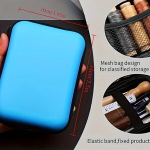 May include: A light blue, zippered case, 3.93 inches wide and 5.5 inches tall, with a black trim. The image also shows a mesh bag design for classified storage and an elastic band to secure products.