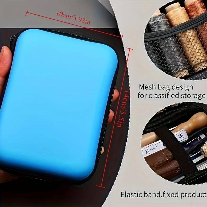 May include: A light blue, zippered case, 3.93 inches wide and 5.5 inches tall, with a black trim. The image also shows a mesh bag design for classified storage and an elastic band to secure products.