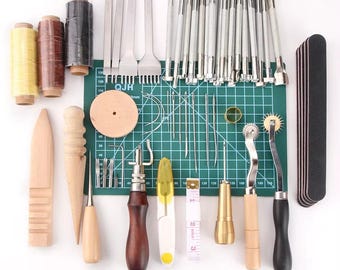 Leather Craft Tool Kit Hand Sewing Stitching Stamping Saddle Making Set DIY Leatherworking Tools for Beginners & Professionals