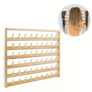 May include: A wooden hair extension display rack with multiple rows of pegs. The rack is made of light-colored wood and is designed to hold hair extensions. A circular inset shows hair extensions.
