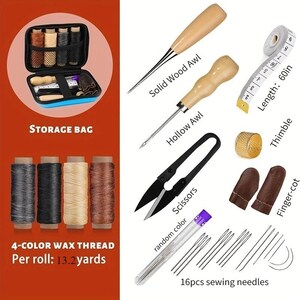 May include: A sewing kit with various tools, including a storage bag, awls, scissors, a tape measure (60 inches), thimble, finger cots, needles, and four spools of wax thread. The thread is labeled as 13.2 yards per roll.