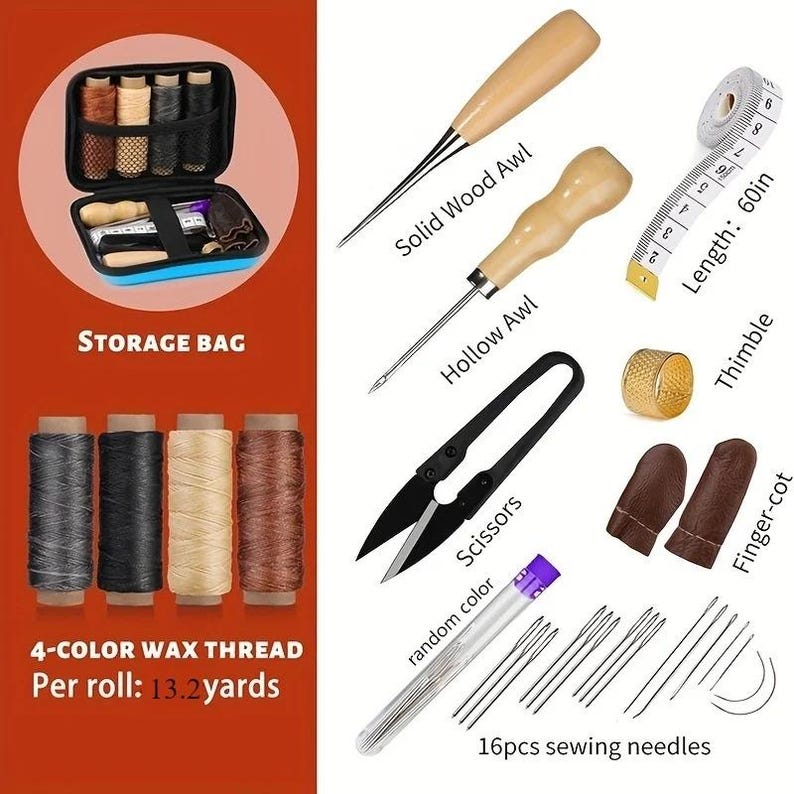 May include: A sewing kit with various tools, including a storage bag, awls, scissors, a tape measure (60 inches), thimble, finger cots, needles, and four spools of wax thread. The thread is labeled as 13.2 yards per roll.