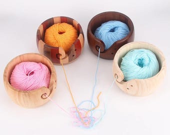 Wooden Yarn Bowl Holder Crochet & Knitting Wool Storage Bowl with Swirl Cutout Multicolor Craft Organizer