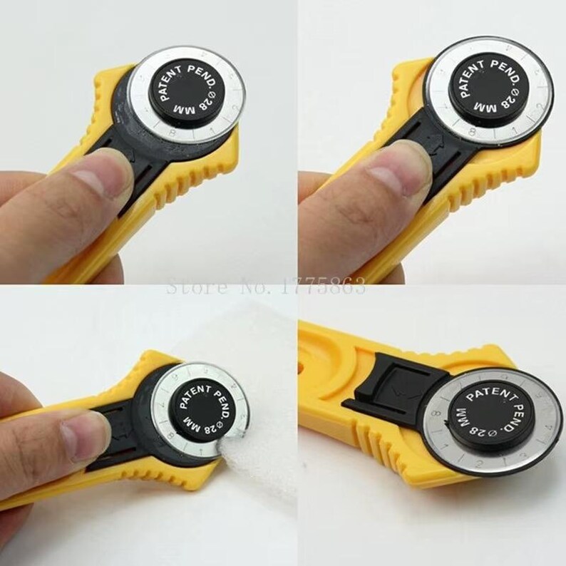 May include: A yellow rotary cutter with a black blade housing and a silver blade. The blade has the text "PATENT PEND 28 MM" printed on it. The cutter is shown in multiple views.