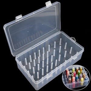 May include: A clear plastic thread organizer box with an open lid. The box has multiple vertical pegs inside to hold spools of thread. A smaller inset image shows the box filled with colorful thread spools.
