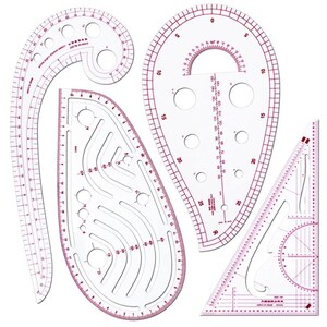 May include: A collection of clear plastic drafting tools with red markings. The set includes a French curve ruler, a protractor, a triangle ruler, and other curved and straight rulers. These tools are used for technical drawing and design.