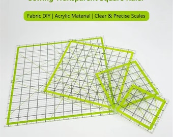 May include: A set of four transparent square rulers for sewing, featuring lime green borders and black grid markings. The text on the image reads: Sewing Transparent Square Ruler, Fabric DIY | Acrylic Material | Clear & Precise Scales.