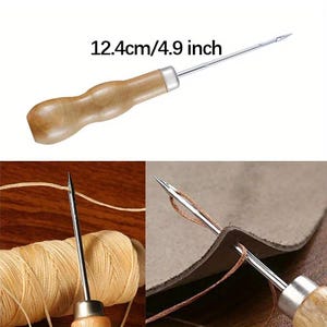 May include: A leather stitching awl with a wooden handle, measuring 4.9 inches (12.4 cm) in length. The awl is shown with thread and leather, demonstrating its use in crafting and repair.
