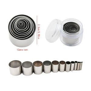 May include: A set of 12 silver-colored metal circular cutters of varying diameters, nested together in a clear plastic container. The height of each cutter is 0.98 inches. The set is displayed both nested and lined up in a row by size.