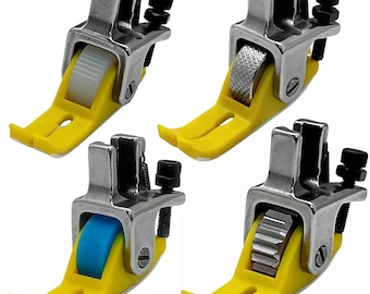 Puede incluir: Un juego de cuatro prensatelas para máquina de coser con bases de plástico amarillo y vástagos de metal plateado. Cada pie incluye una rueda distinta de plástico blanco, metal plateado texturizado, plástico azul o metal plateado dentado.