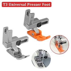 Puede incluir: Dos prensatelas universales T3 para máquinas de coser. Los prensatelas son de metal plateado con una base naranja. La imagen incluye vistas de cerca de los prensatelas en uso, con el texto "T3 Universal Presser Foot" en la parte superior.