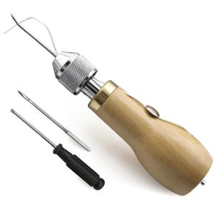 May include: A leather stitching awl with a wooden handle, metal accents, and a silver needle. Includes two additional needles and a black screwdriver. The awl is designed for hand sewing and leathercraft projects.