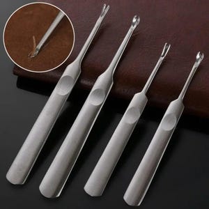 May include: Four stainless steel leather working tools with a rounded handle and a specialized tip for creating holes and shaping leather. A close-up shows the tool in use. The tools are arranged on a dark brown surface.