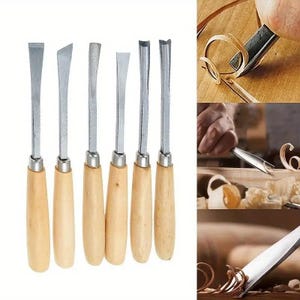 May include: A set of six wood carving chisels with wooden handles and silver blades. The chisels are arranged in a row, with different blade shapes. The image also shows wood shavings and a person using a chisel.