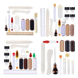 May include: A collection of leathercraft tools, including needles, thread spools, rulers, and bone folders. The tools are arranged in a square, with multiple sets of the same tools. The thread colors include white, tan, and black.