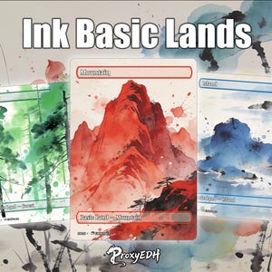 May include: Three rectangular game cards titled Ink Basic Lands featuring watercolor-style illustrations. The left card is green with a forest, the center card is red with a mountain, and the right card is blue with an island. Each card displays its name.
