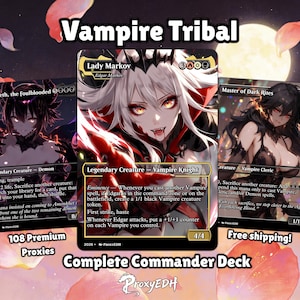 May include: Three premium proxy cards from the "Vampire Tribal" Commander Deck. The cards feature illustrations of vampire characters, with text including "Lady Markov", "Razaketh, the Foulblooded", and "Master of Dark Rites". The text "108 Premium Proxies" is also visible.