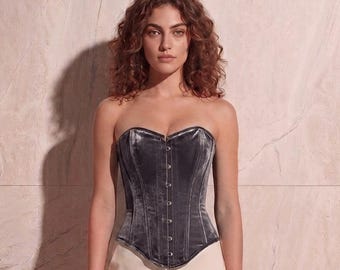 Ivory Velvet Overbust Corset Top, Steel Boned Sweetheart Bustier, Custom Fit Waist Training