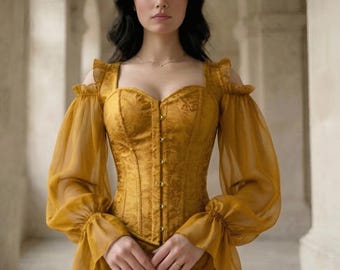 Gotisk Chiffong Sele Korsett: Steampunk Festival Bodysuit - Grön Gul