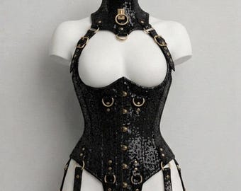 Black Sequin Overbust Corset, Steel Boned, Lace-Up Front - Corset