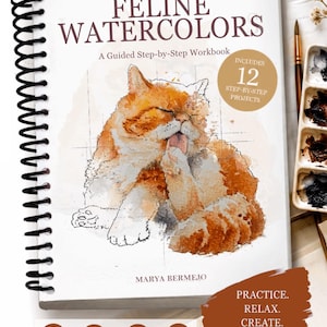 May include: A spiral-bound workbook titled A Journey Through Watercolor Feline Watercolors A Guided Step-by-Step Workbook by Marya Bermejo. The cover features an orange cat illustration, text stating includes 12 step-by-step projects, and practice relax create love cats.