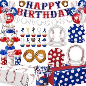 Op de afbeelding: Een feestdecoratieset met honkbalthema met ballonnen, borden, bekers en een tafelkleed. De set bevat een banner met de tekst "HAPPY BIRTHDAY". Het kleurenschema is rood, wit en blauw.