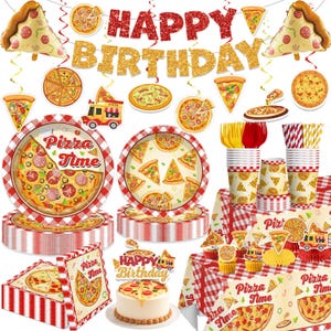 May include: A pizza-themed party supply set featuring a red glitter HAPPY and gold glitter BIRTHDAY banner, pizza slice balloons, plates with Pizza Time text, cups, napkins, a tablecloth, and a cake topper with a pizza graphic and text.