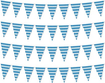 May include: A set of four horizontal strings of triangular pennants featuring a repeating blue and white diamond pattern. Each string consists of multiple pennant flags attached to a thin white cord, creating a continuous decorative banner.