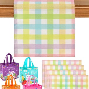 Bordlöpare (33x180 cm) med 4 bordsunderlägg (30x43 cm) och 4 presentpåsar, tjockt tyg i pastellfärgat buffelplädmönster, påskdekorationer