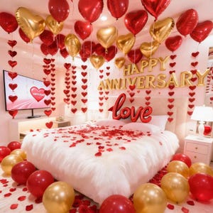 May include: A romantic bedroom scene decorated for an anniversary. Red and gold heart-shaped balloons and garlands adorn the room. A bed with a white fluffy comforter is covered in rose petals. Gold foil balloons spell out "Happy Anniversary" and a red "love" balloon.