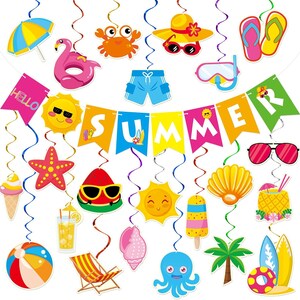 May include: A collection of colorful summer-themed hanging decorations. Includes a banner that spells "SUMMER", along with images of a sun, watermelon, ice cream, beach ball, sunglasses, and other beach-related items.