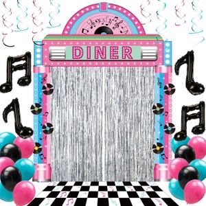 May include: A 1950s-style diner archway decoration featuring a pink and blue frame with the word DINER in pink letters, a silver metallic fringe curtain, black musical note balloons, and a black and white checkered floor mat with pink notes.