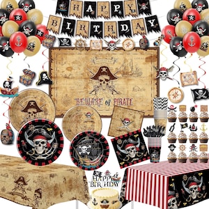May include: A pirate-themed party supply set featuring a Happy Birthday banner, a treasure map backdrop with the text BEWARE of PIRATE, balloons, plates, napkins, cups, a tablecloth, and cupcake toppers, all decorated with skull and crossbones.