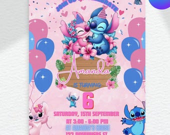 Invitación de cumpleaños de Stitch y Ángel, invitación de cumpleaños de Stitch editable, invitación digital para fiesta, invitación imprimible para fiesta de cumpleaños de Stitch