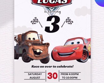 Invitación de cumpleaños de Cars, invitación de cumpleaños, invitación de Rayo McQueen, invitación de cumpleaños infantil, plantilla editable de Canva