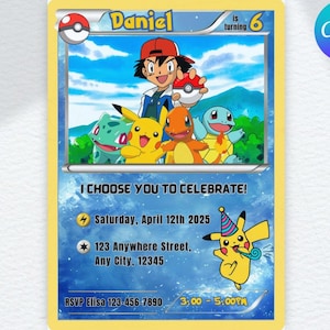 May include: A yellow and blue birthday invitation card featuring a Pokemon theme. The card includes the text "I Choose You to Celebrate!" and details for the event. The card measures 5" x 7".